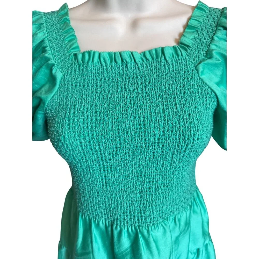 Alice + Olivia Green Smocked Puff Sleeve Mini Dress Size 2 Cotton Cottage Core